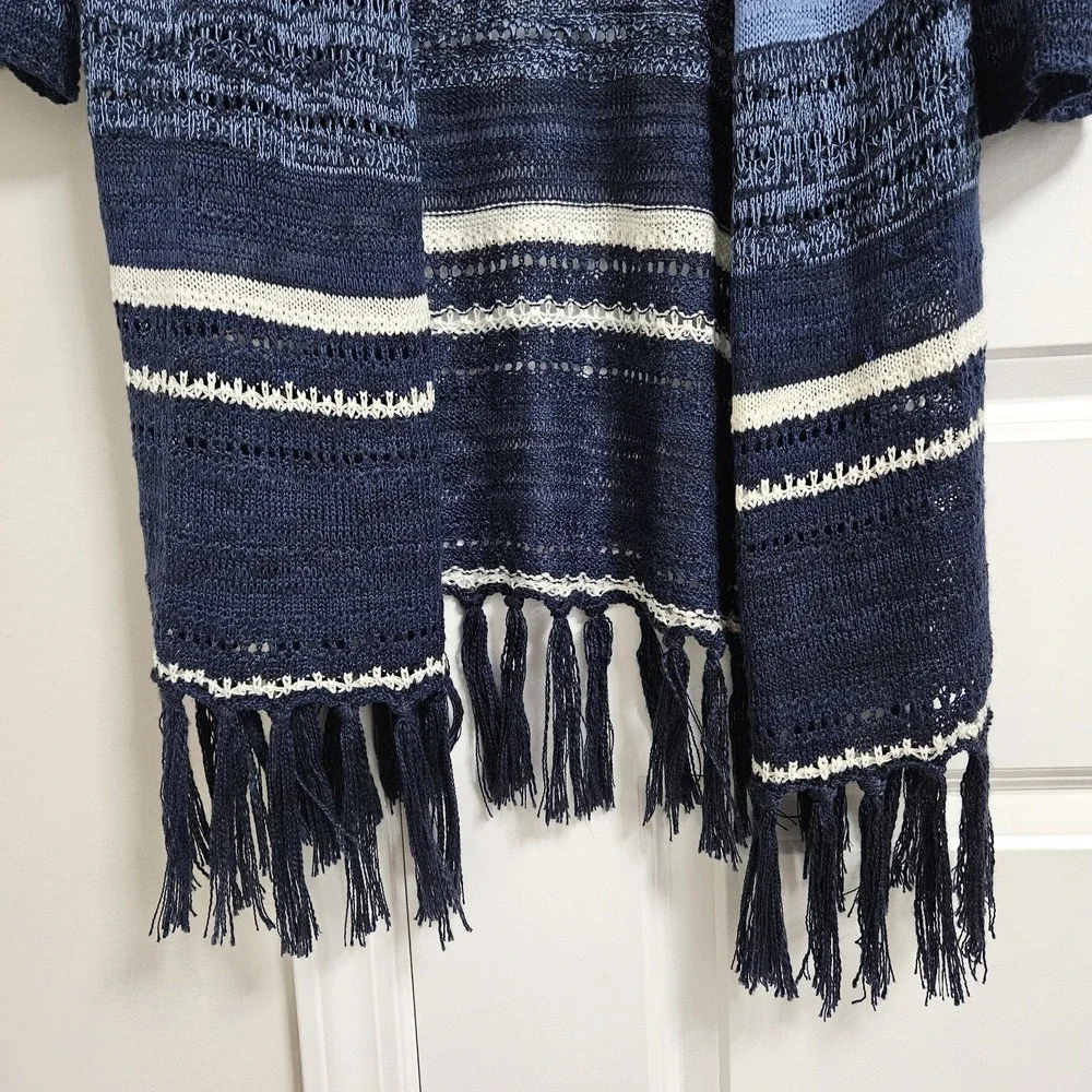 New Directions Open Cardigan Womens Med Blue‎ Striped Tassel Fringe Boho Duster - Picture 5 of 9